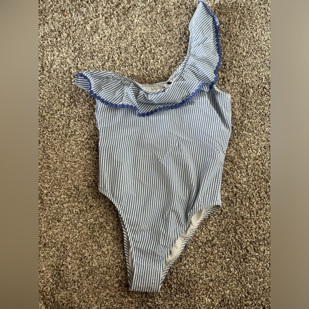 J. Crew Blue and White Striped One-Shoulder Swim One Piece